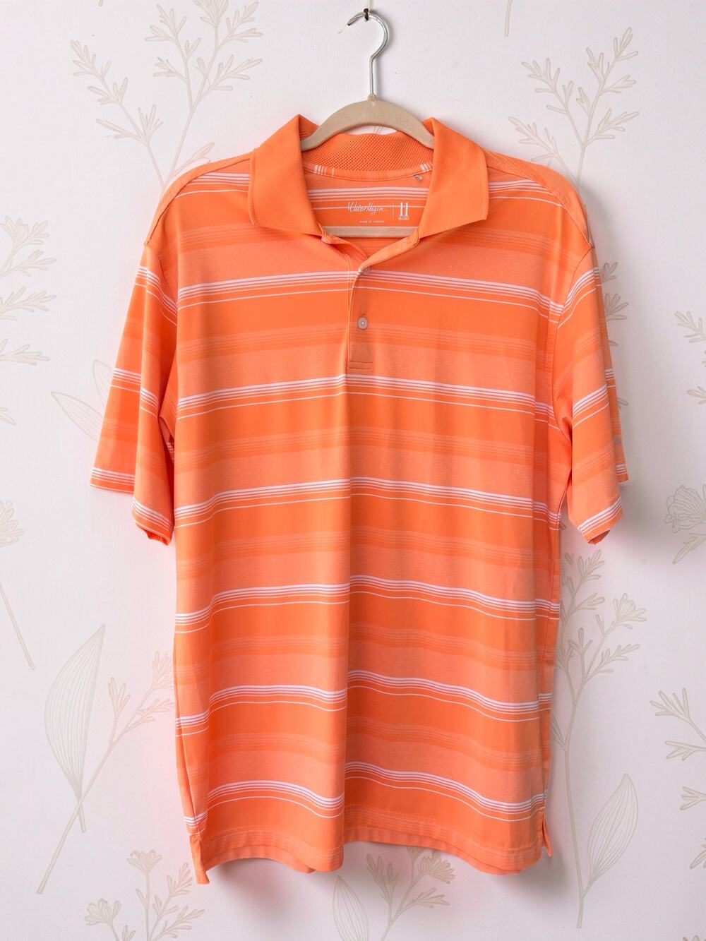 Walter Hagen 11 Majors Golf Polo Shirt Mens L Orange Striped Stretch Performance